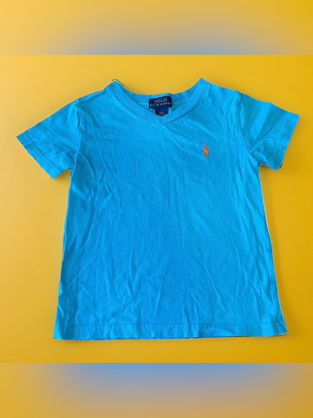 Polo Ralph Lauren Toddler Boys 3T T-Shirt Blue V-Neck Short Sleeve Orange Pony